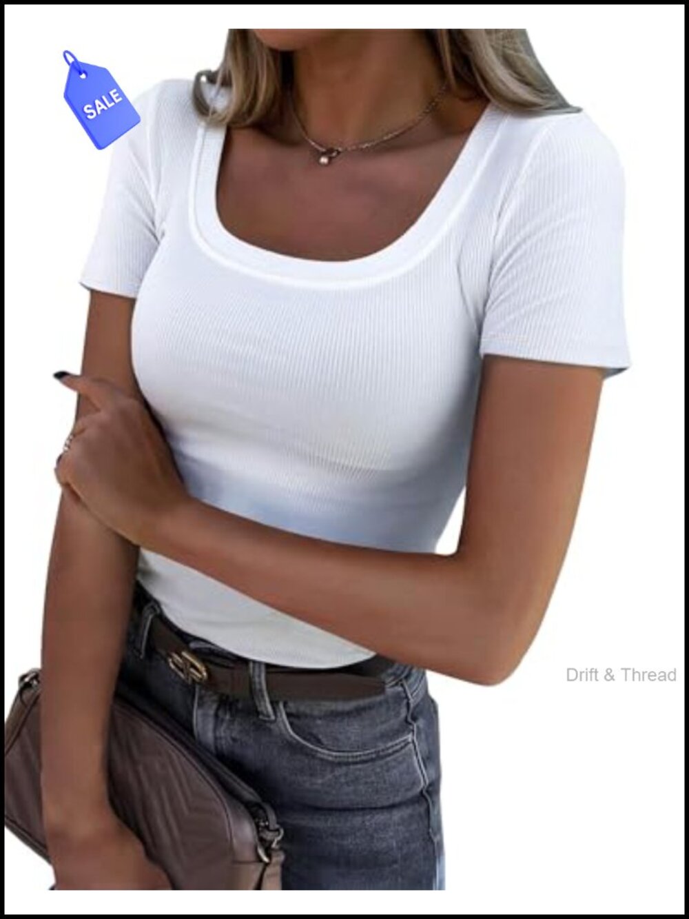 Women's Ribbed Knit Short Sleeve Square Neck Slim Fitted Casual Summer Top
